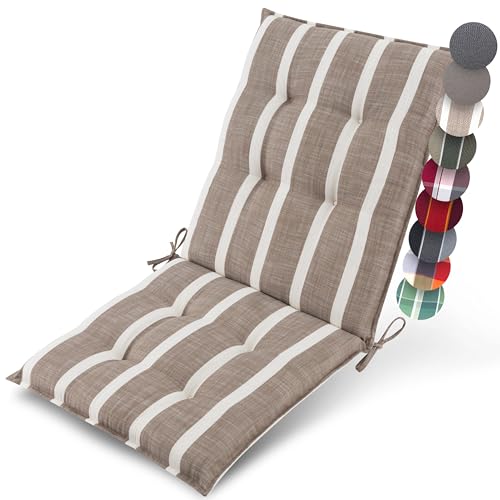 Beautissu Premium Niedriglehner Auflage Gartenstuhl 100x50cm Sun-NL – 8cm Dick Polster Gartenstuhlauflage rutschfest Befestigungsbänder UV-Lichtechtheit 5 – Robust Stoff Beige-Weiß Gestreift von Beautissu