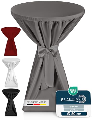 Beautissu Premium Stehtischhusse Blickdicht Anthrazit Ø 80-85 cm – rutschfest Bügelfrei & 40°C Waschbar Stehtischüberzug mit Schleifenband – Husse für Stehtisch Bistrotisch Bartisch Gastronomie von Beautissu