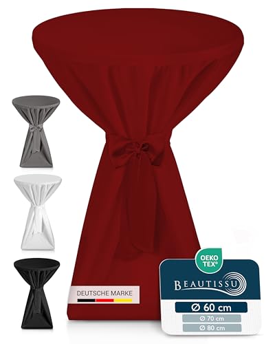Beautissu Premium Stehtischhusse Blickdicht Bordeaux Ø 60-65 cm – rutschfest Bügelfrei & 40°C Waschbar Stehtischüberzug mit Schleifenband – Husse für Stehtisch Bistrotisch Bartisch Gastronomie von Beautissu
