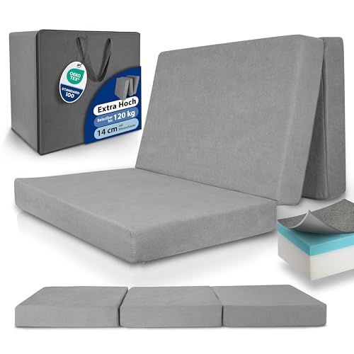 Beautissu Premium XXL Klappmatratze 140x200cm Gästebett faltbar inkl. Tasche – extra dick Visco-Matratze hoher Schlafkomfort – waschbar Gästematratze klappbar einfacher Transport – Grau von Beautissu
