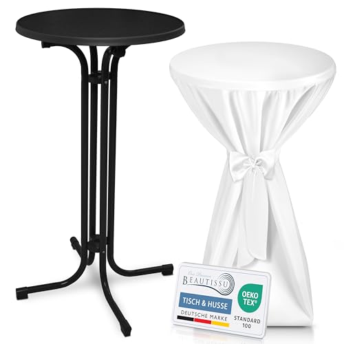 Beautissu Schwarzer Stehtisch klappbar 60 cm mit Premium Stehtischhusse Weiß & Schleifenband – Wetterbeständig Outdoor Bistrotisch rund Kratzfest UV-beständig – Husse rutschfest waschbar – Bellini von Beautissu