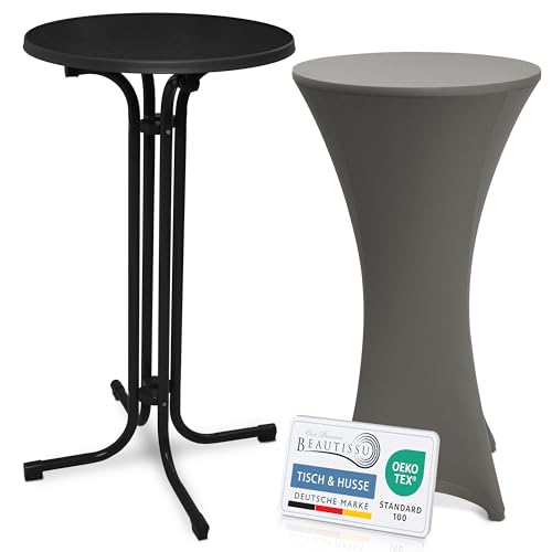 Beautissu Schwarzer Stehtisch klappbar 60 cm mit Stretch Stehtischhusse Anthrazit – Outdoor Bistrotisch Kratzfest, UV- & wetterbeständig – Husse rutschfest, waschbar & bügelfrei – Bellini & Stella von Beautissu