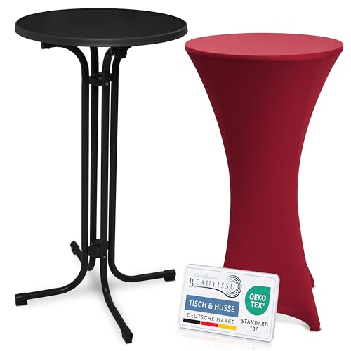 Beautissu Schwarzer Stehtisch klappbar 60 cm mit Stretch Stehtischhusse Bordeaux – Outdoor Bistrotisch Kratzfest, UV- & wetterbeständig – Husse rutschfest, waschbar & bügelfrei – Bellini & Stella von Beautissu
