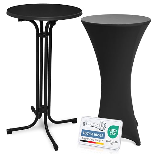 Beautissu Schwarzer Stehtisch klappbar 60 cm mit Stretch Stehtischhusse Schwarz – Outdoor Bistrotisch Kratzfest, UV- & wetterbeständig – Husse rutschfest, waschbar & bügelfrei – Bellini & Stella von Beautissu