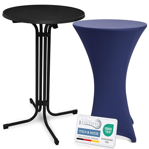 Beautissu Schwarzer Stehtisch klappbar 70 cm mit Stretch Stehtischhusse Blau – Outdoor Bistrotisch Kratzfest, UV- & wetterbeständig – Husse rutschfest, waschbar & bügelfrei – Bellini & Stella von Beautissu