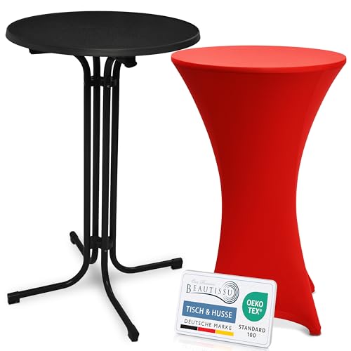 Beautissu Schwarzer Stehtisch klappbar 70 cm mit Stretch Stehtischhusse Rot – Outdoor Bistrotisch Kratzfest, UV- & wetterbeständig – Husse rutschfest, waschbar & bügelfrei – Bellini & Stella von Beautissu