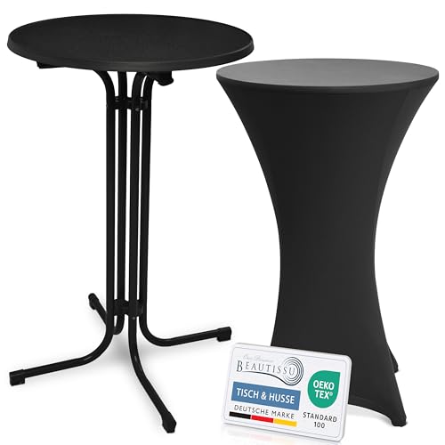 Beautissu Schwarzer Stehtisch klappbar 70 cm mit Stretch Stehtischhusse Schwarz – Outdoor Bistrotisch Kratzfest, UV- & wetterbeständig – Husse rutschfest, waschbar & bügelfrei – Bellini & Stella von Beautissu
