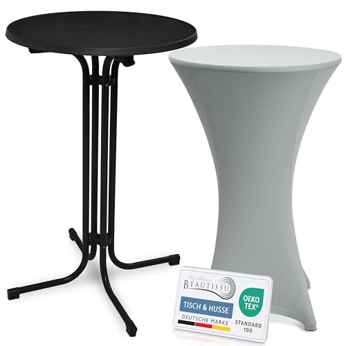 Beautissu Schwarzer Stehtisch klappbar 70 cm mit Stretch Stehtischhusse Silber – Outdoor Bistrotisch Kratzfest, UV- & wetterbeständig – Husse rutschfest, waschbar & bügelfrei – Bellini & Stella von Beautissu