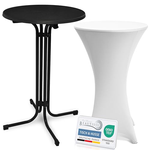 Beautissu Schwarzer Stehtisch klappbar 70 cm mit Stretch Stehtischhusse Weiß – Outdoor Bistrotisch Kratzfest, UV- & wetterbeständig – Husse rutschfest, waschbar & bügelfrei – Bellini & Stella von Beautissu