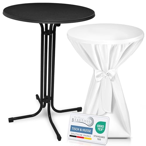 Beautissu Schwarzer Stehtisch klappbar 80 cm mit Premium Stehtischhusse Weiß & Schleifenband – Wetterbeständig Outdoor Bistrotisch rund Kratzfest UV-beständig – Husse rutschfest waschbar – Bellini von Beautissu