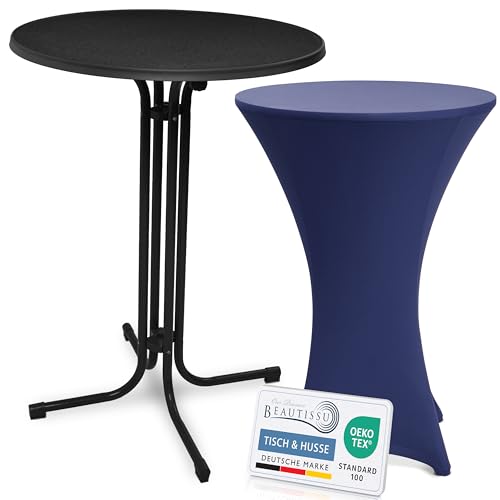 Beautissu Schwarzer Stehtisch klappbar 80 cm mit Stretch Stehtischhusse Blau – Outdoor Bistrotisch Kratzfest, UV- & wetterbeständig – Husse rutschfest, waschbar & bügelfrei – Bellini & Stella von Beautissu