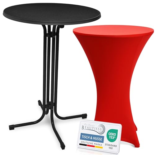 Beautissu Schwarzer Stehtisch klappbar 80 cm mit Stretch Stehtischhusse Rot – Outdoor Bistrotisch Kratzfest, UV- & wetterbeständig – Husse rutschfest, waschbar & bügelfrei – Bellini & Stella von Beautissu