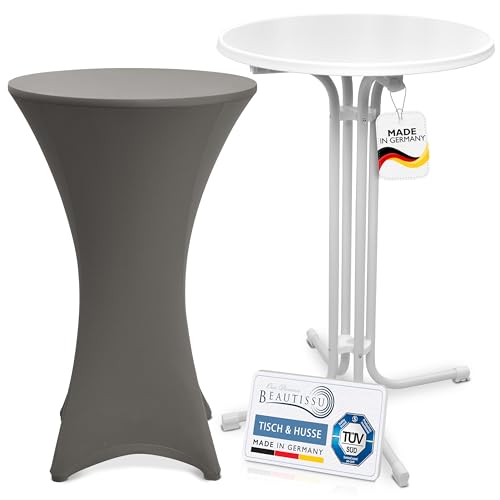 Beautissu Weißer Outdoor Stehtisch klappbar mit Husse 70 cm Anthrazit – Wetterfester Partytisch Sylt + Stretch Stehtischhusse Stella – Platzsparender Bistrotisch Gastro-Qualität TÜV Made in Germany von Beautissu