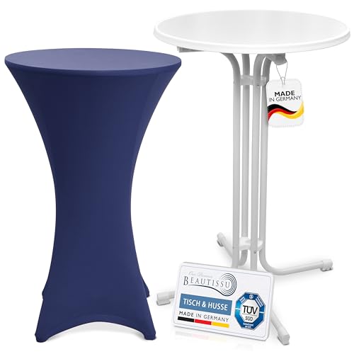 Beautissu Weißer Outdoor Stehtisch klappbar mit Husse 70 cm Blau – Wetterfester Partytisch Sylt + Stretch Stehtischhusse Stella – Platzsparender Bistrotisch in Gastro-Qualität TÜV Made in Germany von Beautissu
