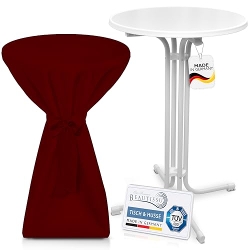 Beautissu Weißer Outdoor Stehtisch klappbar mit Husse 70 cm Bordeaux – Wetterfester Partytisch Sylt + Premium Stehtischhusse – Platzsparender Bistrotisch Gastro-Qualität TÜV Made in Germany von Beautissu
