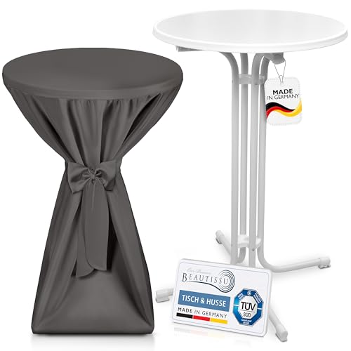 Beautissu Weißer Outdoor Stehtisch klappbar mit Husse 70 cm Grau – Wetterfester Partytisch Sylt + Premium Stehtischhusse – Platzsparender Bistrotisch Gastro-Qualität TÜV Made in Germany von Beautissu