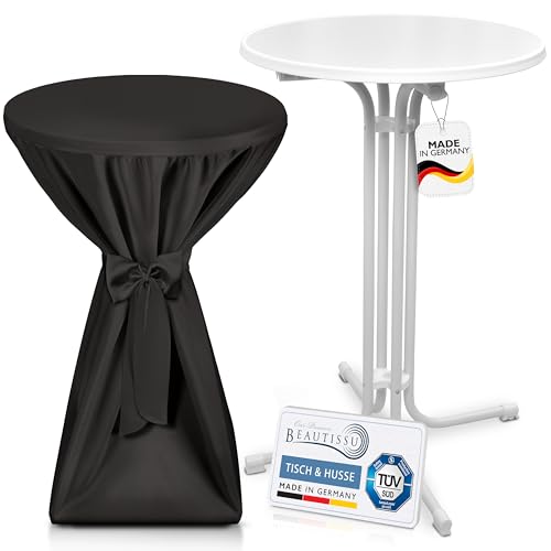 Beautissu Weißer Outdoor Stehtisch klappbar mit Husse 70 cm Schwarz – Wetterfester Partytisch Sylt + Premium Stehtischhusse – Platzsparender Bistrotisch Gastro-Qualität TÜV Made in Germany von Beautissu