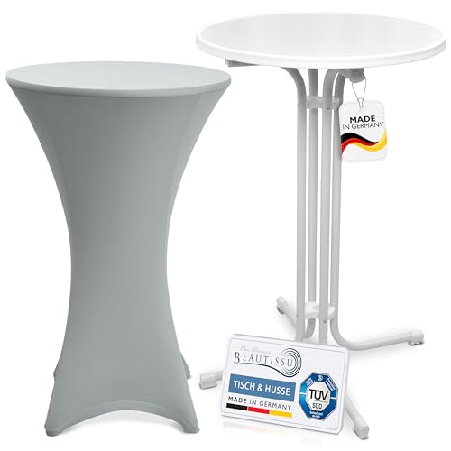Beautissu Weißer Outdoor Stehtisch klappbar mit Husse 70 cm Silber – Wetterfester Partytisch Sylt + Stretch Stehtischhusse Stella – Platzsparender Bistrotisch Gastro-Qualität TÜV Made in Germany von Beautissu