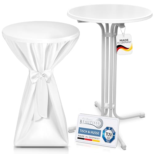 Beautissu Weißer Outdoor Stehtisch klappbar mit Husse 70 cm Weiß – Wetterfester Partytisch Sylt + Premium Stehtischhusse – Platzsparender Bistrotisch Gastro-Qualität TÜV Made in Germany von Beautissu