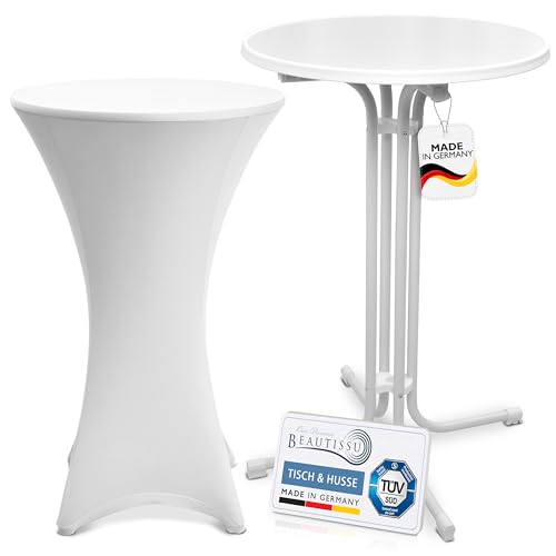 Beautissu Weißer Outdoor Stehtisch klappbar mit Husse 70 cm Weiß – Wetterfester Partytisch Sylt + Stretch Stehtischhusse Stella – Platzsparender Bistrotisch in Gastro-Qualität TÜV Made in Germany von Beautissu