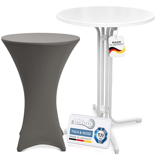 Beautissu Weißer Outdoor Stehtisch klappbar mit Husse 80 cm Anthrazit – Wetterfester Partytisch Sylt + Stretch Stehtischhusse Stella – Platzsparender Bistrotisch Gastro-Qualität TÜV Made in Germany von Beautissu