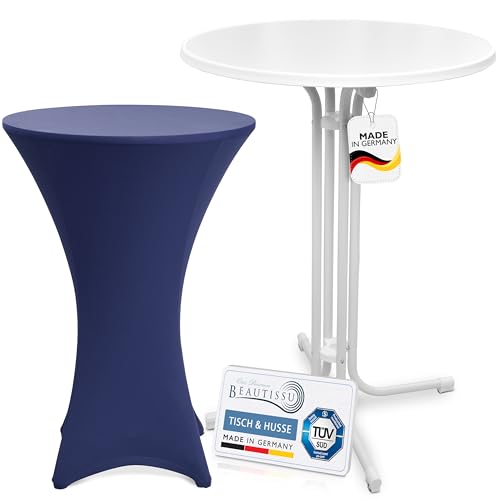 Beautissu Weißer Outdoor Stehtisch klappbar mit Husse 80 cm Blau – Wetterfester Partytisch Sylt + Stretch Stehtischhusse Stella – Platzsparender Bistrotisch in Gastro-Qualität TÜV Made in Germany von Beautissu