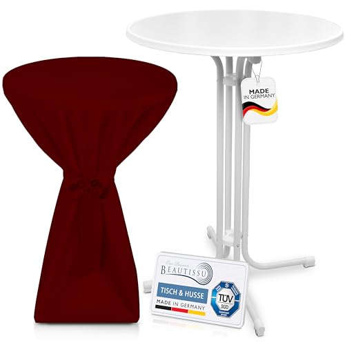 Beautissu Weißer Outdoor Stehtisch klappbar mit Husse 80 cm Bordeaux – Wetterfester Partytisch Sylt + Premium Stehtischhusse – Platzsparender Bistrotisch Gastro-Qualität TÜV Made in Germany von Beautissu