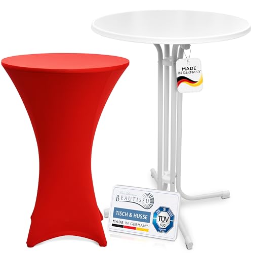 Beautissu Weißer Outdoor Stehtisch klappbar mit Husse 80 cm Rot – Wetterfester Partytisch Sylt + Stretch Stehtischhusse Stella – Platzsparender Bistrotisch Gastro-Qualität TÜV Made in Germany von Beautissu