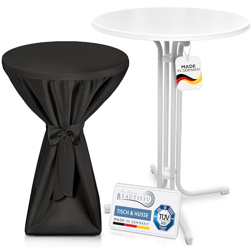 Beautissu Weißer Outdoor Stehtisch klappbar mit Husse 80 cm Schwarz – Wetterfester Partytisch Sylt + Premium Stehtischhusse – Platzsparender Bistrotisch Gastro-Qualität TÜV Made in Germany von Beautissu