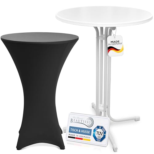 Beautissu Weißer Outdoor Stehtisch klappbar mit Husse 80 cm Schwarz – Wetterfester Partytisch Sylt + Stretch Stehtischhusse Stella – Platzsparender Bistrotisch Gastro-Qualität TÜV Made in Germany von Beautissu