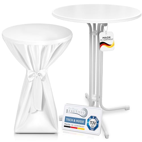 Beautissu Weißer Outdoor Stehtisch klappbar mit Husse 80 cm Weiß – Wetterfester Partytisch Sylt + Premium Stehtischhusse – Platzsparender Bistrotisch Gastro-Qualität TÜV Made in Germany von Beautissu