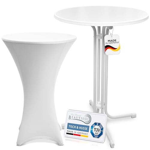 Beautissu Weißer Outdoor Stehtisch klappbar mit Husse 80 cm Weiß – Wetterfester Partytisch Sylt + Stretch Stehtischhusse Stella – Platzsparender Bistrotisch in Gastro-Qualität TÜV Made in Germany von Beautissu