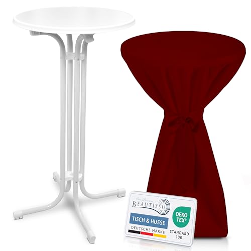 Beautissu Weißer Stehtisch klappbar 60 cm mit Premium Stehtischhusse Bordeaux & Schleifenband – Wetterbeständig Outdoor Bistrotisch rund Kratzfest UV-beständig – Husse rutschfest waschbar – Bellini Beautissu Weißer Stehtisch klappbar 60 cm mit Premium Stehtischhusse Bordeaux & Schleifenband – Wetterbeständig Outdoor Bistrotisch rund Kratzfest UV-beständig – Husse rutschfest waschbar – Bellini von Beautissu