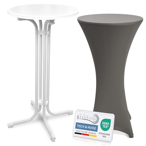 Beautissu Weißer Stehtisch klappbar 60 cm mit Stretch Stehtischhusse Anthrazit – Outdoor Bistrotisch Kratzfest, UV- & wetterbeständig – Husse rutschfest, waschbar & bügelfrei – Bellini & Stella von Beautissu