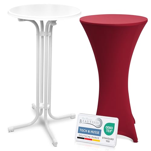 Beautissu Weißer Stehtisch klappbar 60 cm mit Stretch Stehtischhusse Bordeaux – Outdoor Bistrotisch Kratzfest, UV- & wetterbeständig – Husse rutschfest, waschbar & bügelfrei – Bellini & Stella von Beautissu