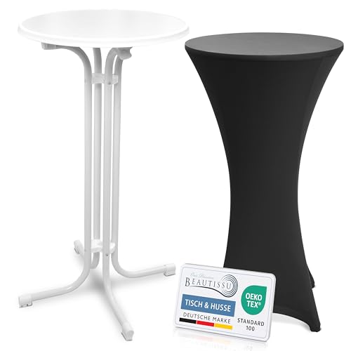 Beautissu Weißer Stehtisch klappbar 60 cm mit Stretch Stehtischhusse Schwarz – Outdoor Bistrotisch Kratzfest, UV- & wetterbeständig – Husse rutschfest, waschbar & bügelfrei – Bellini & Stella von Beautissu