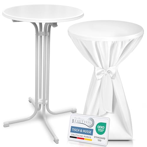 Beautissu Weißer Stehtisch klappbar 70 cm mit Premium Stehtischhusse Weiß & Schleifenband – Wetterbeständig Outdoor Bistrotisch rund Kratzfest UV-beständig – Husse rutschfest waschbar – Bellini Beautissu Weißer Stehtisch klappbar 70 cm mit Premium Stehtischhusse Weiß & Schleifenband – Wetterbeständig Outdoor Bistrotisch rund Kratzfest UV-beständig – Husse rutschfest waschbar – Bellini von Beautissu