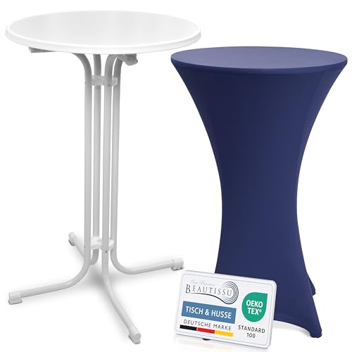 Beautissu Weißer Stehtisch klappbar 70 cm mit Stretch Stehtischhusse Blau – Outdoor Bistrotisch Kratzfest, UV- & wetterbeständig – Husse rutschfest, waschbar & bügelfrei – Bellini & Stella von Beautissu