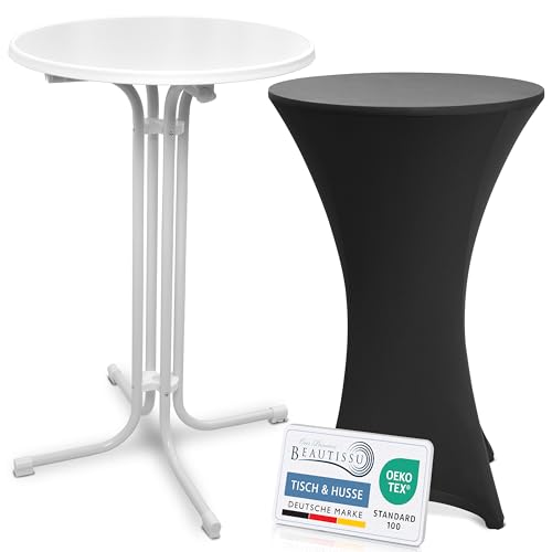 Beautissu Weißer Stehtisch klappbar 70 cm mit Stretch Stehtischhusse Schwarz – Outdoor Bistrotisch Kratzfest, UV- & wetterbeständig – Husse rutschfest, waschbar & bügelfrei – Bellini & Stella von Beautissu