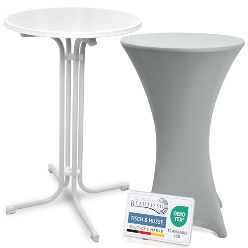 Beautissu Weißer Stehtisch klappbar 70 cm mit Stretch Stehtischhusse Silber – Outdoor Bistrotisch Kratzfest, UV- & wetterbeständig – Husse rutschfest, waschbar & bügelfrei – Bellini & Stella von Beautissu