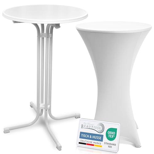 Beautissu Weißer Stehtisch klappbar 70 cm mit Stretch Stehtischhusse Weiß – Outdoor Bistrotisch Kratzfest, UV- & wetterbeständig – Husse rutschfest, waschbar & bügelfrei – Bellini & Stella von Beautissu