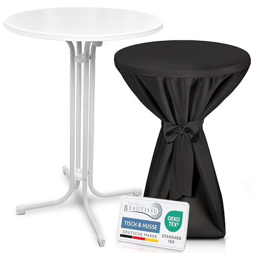 Beautissu Weißer Stehtisch klappbar 80 cm mit Premium Stehtischhusse Schwarz & Schleifenband – Wetterbeständig Outdoor Bistrotisch rund Kratzfest UV-beständig – Husse rutschfest waschbar – Bellini Beautissu Weißer Stehtisch klappbar 80 cm mit Premium Stehtischhusse Schwarz & Schleifenband – Wetterbeständig Outdoor Bistrotisch rund Kratzfest UV-beständig – Husse rutschfest waschbar – Bellini von Beautissu