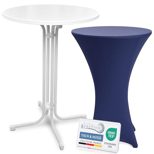 Beautissu Weißer Stehtisch klappbar 80 cm mit Stretch Stehtischhusse Blau – Outdoor Bistrotisch Kratzfest, UV- & wetterbeständig – Husse rutschfest, waschbar & bügelfrei – Bellini & Stella von Beautissu