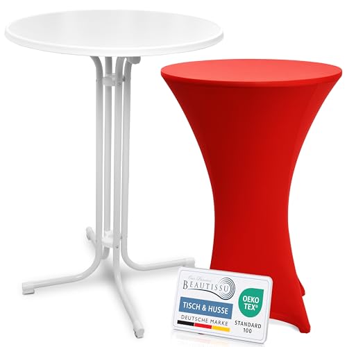 Beautissu Weißer Stehtisch klappbar 80 cm mit Stretch Stehtischhusse Rot – Outdoor Bistrotisch Kratzfest, UV- & wetterbeständig – Husse rutschfest, waschbar & bügelfrei – Bellini & Stella von Beautissu