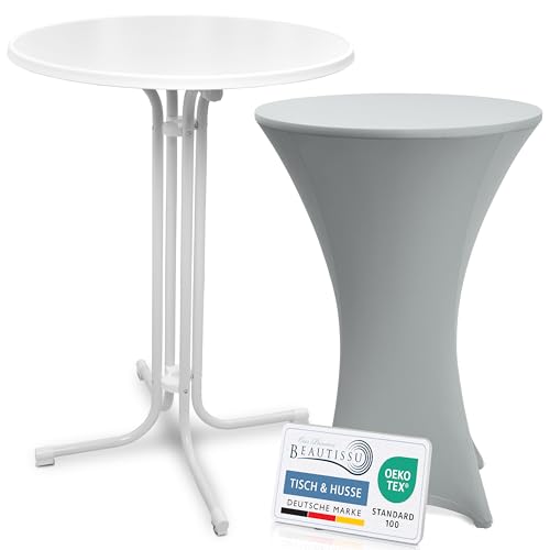 Beautissu Weißer Stehtisch klappbar 80 cm mit Stretch Stehtischhusse Silber – Outdoor Bistrotisch Kratzfest, UV- & wetterbeständig – Husse rutschfest, waschbar & bügelfrei – Bellini & Stella von Beautissu