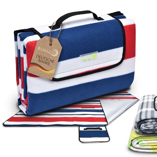 Beautissu XXL Picknickdecke Wasserdicht Isoliert Bella – Tragbare Stranddecke 200x200 cm kompakt – Strandmatte Outdoor Decke für Camping Wandern Reisen Schwimmbad – Picnic Blanket Campingdecke Blau von Beautissu