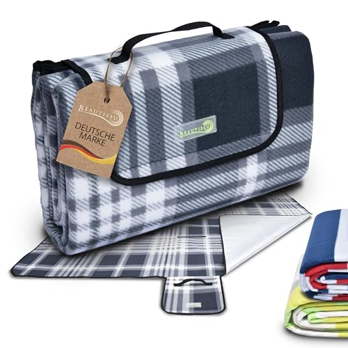Beautissu XXL Picknickdecke Wasserdicht Isoliert Bella – Tragbare Stranddecke 200x200 cm kompakt – Strandmatte Outdoor Decke für Camping, Strand oder Schwimmbad – Picnic Blanket Campingdecke Grau von Beautissu