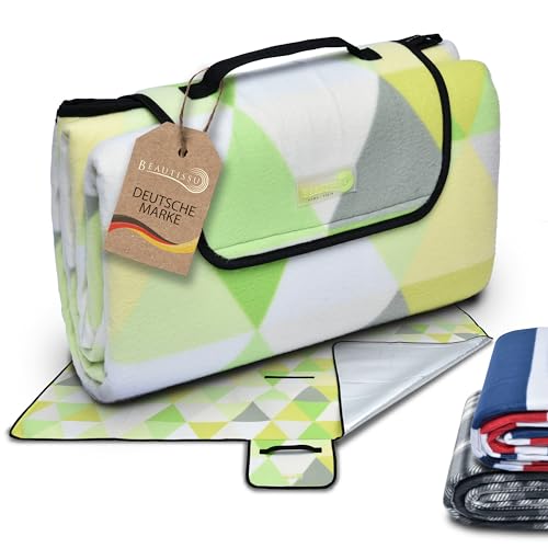 Beautissu XXL Picknickdecke Wasserdicht Isoliert Bella – Tragbare Stranddecke 200x200 cm kompakt – Strandmatte Outdoor Decke für Camping, Strand oder Schwimmbad – Picnic Blanket Campingdecke Grün von Beautissu