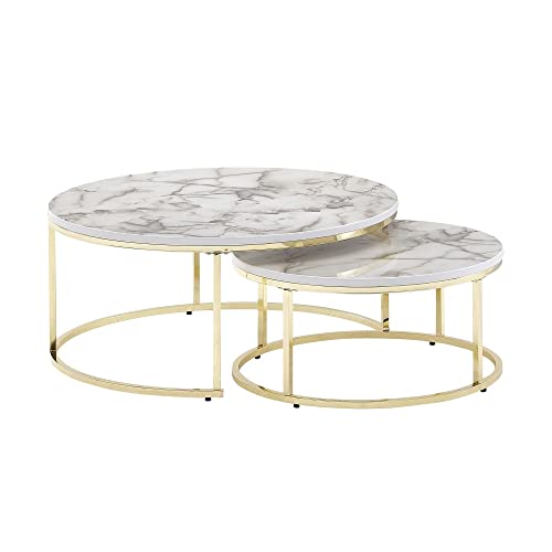 Beauty.Scouts Couchtisch 2er Set rund Weiß Marmor Optik/Metall Gold 80x80x36cm & 60x60x26cm Couchtisch Kaffeetisch Wohnzimmer große Ablage Holztischplatte modern von Beauty.Scouts