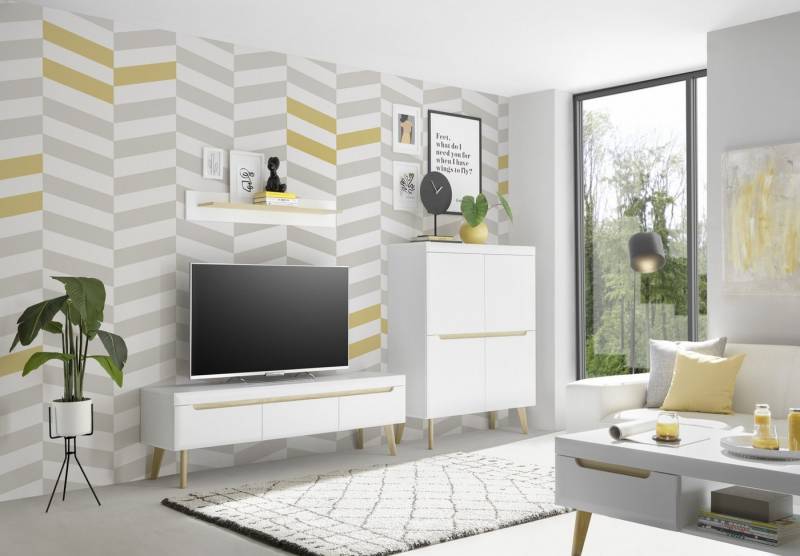 Beauty.Scouts Wohnzimmer-Set "Lumira" - Highboard, Lowboard, Wandboard, weiß, Scandi Oak Dekor von Beauty.Scouts
